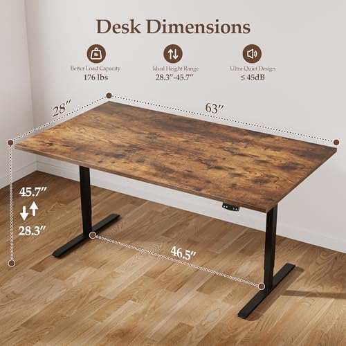 Klicelor 63 x 28 Electric Standing Desk, Sit Stand Up Home Office Desk, Height Adjustable Deep Cumputer Table with Memory Presets and Hooks, Two Pieces, Rustic Brown