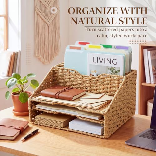 RattanView Desk File Organizer, Woven Mail Organizer Countertop, Paper Rope
