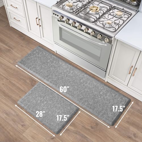 Chef Gear - Anti-Fatigue Wellness Kitchen Mat - Marni Design - Cushioned Comfort Chef Mat - Faux Leather - Cooking & Standing Relief -Skid-Resistant - Set of 2-17.5"x 60"/ 17.5"x28"- Grey