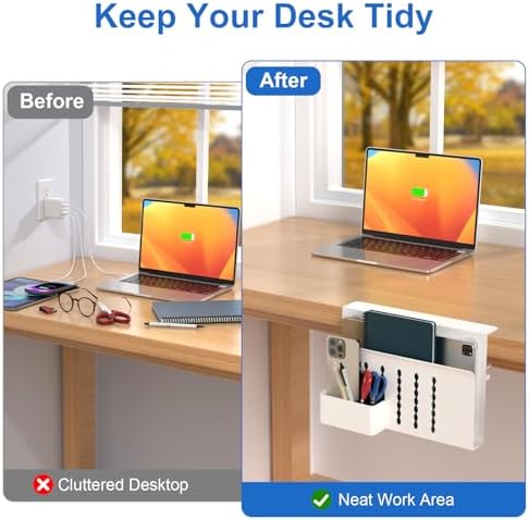 HAMOPY Desk Side Storage, Single-Layer Steel Hanging Desk Organizer with Magnetic Pen Holder, No Drilling Desk Drawer Cable Management Tray, Under Desk Laptop Holder for Office, School&Home(White)