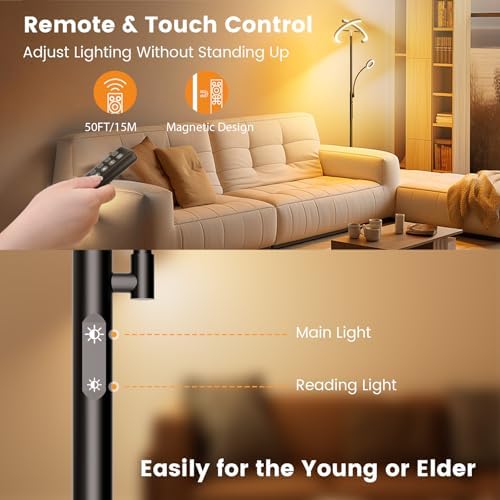SIBRILLE LED Floor Lamp for Living Room - Modern Standing Lamp with Reading Light, Remote Touch Control Floor Light Dimmable Mother-Daughter Tall Bedroom Lamp for Couch Office, 29W, Black