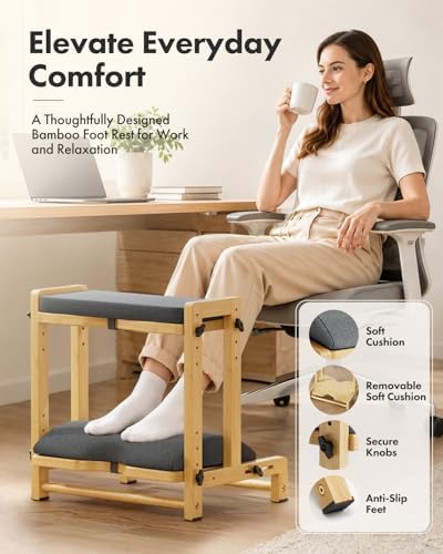 Amazer Double Step Foot Rest for Under Desk, 4 Adjustable Heights Bamboo Under Desk footrest with Soft Cushion, Dual-Layer Desk Foot Stool for Office Home Gaming, Natural Wood Foot Rests for Work