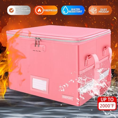 ENGPOW File Box with Lock, Fireproof Document Box with Zipper＆Pockets, Collapsible File Organizer Filing Storage Cabinet with Handle, Portable Home Office Safe for Hanging Letter/Legal Folder, Pink