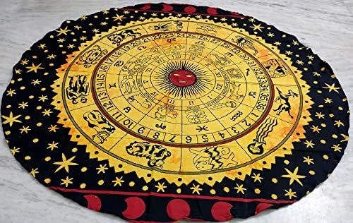 Round Beach Tapestry Turquoise Mandala Throw/Boho Hippie Beach Blanket Roundie/Indian Cotton Bohemian Large Round Table Cloth-Home Decor/Yoga Mat Meditation Picnic Rug (70", Yellow Black)