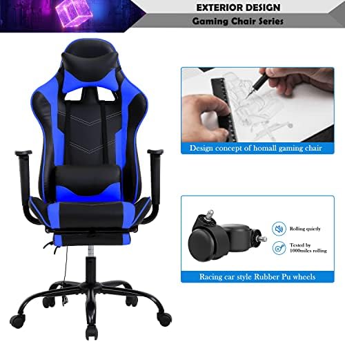Blue Gaming Chair with Footrest, PU Leather Gaming Chairs for Adults, High Back Comfy Office Chair Ergonomic Desk Chair Computer Chair, Reclining Gamer Chair, Height & Backrest Adjustable, 300 Lbs