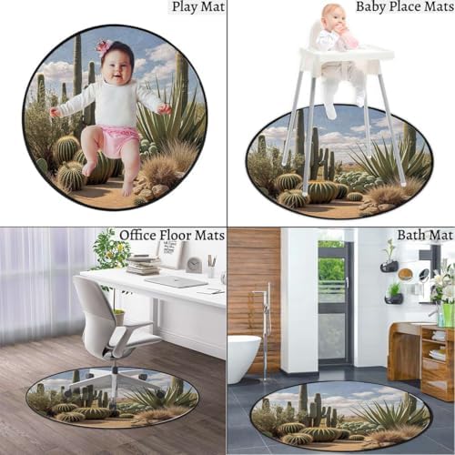 Natural Desert Round Office & Gaming Chair Mat, Cactus Landscape Style Anti-Slip Hardwood & Carpeted Floor Protector,Protect The Floor from Scratches, Earth Blue Diameter 43.3 in