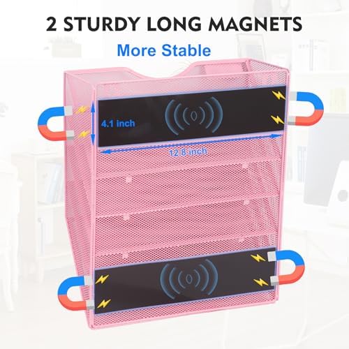 EASEPRES Magnetic 5 Pocket Mesh Hanging File Organizer, Wall Mounted Mail Paper Document Folder Holder, Clipboard Storage Organization Magazine Rack with Nametag Label for Office Home School, Pink