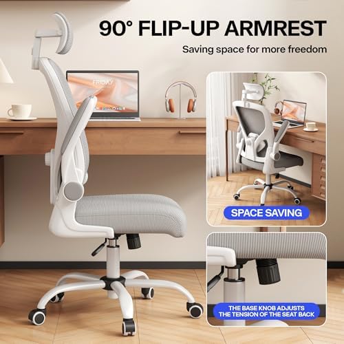 Office Chair, Ergonomic Desk Chair with Adjustable Lumbar Support, High Back Mesh Computer Chair and Headrest, Comfortable Gaming Chairs Rolling Swivel Task Chairs Flip-up Arms(Grey)