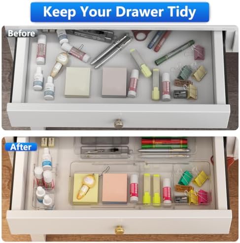 8 Pcs Expandable Drawer Organizer, Adjustable Desk Drawer Organizer with Dividers, 4-Sizes Plastic Storage Bins for Makeup, Kitchen, Bathroom Vanity, Office & Gadgets Drawer