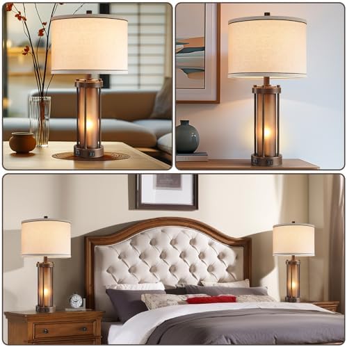 Set of 2 Farmhouse Table Lamps for Living Room with 2 USB Charging Ports