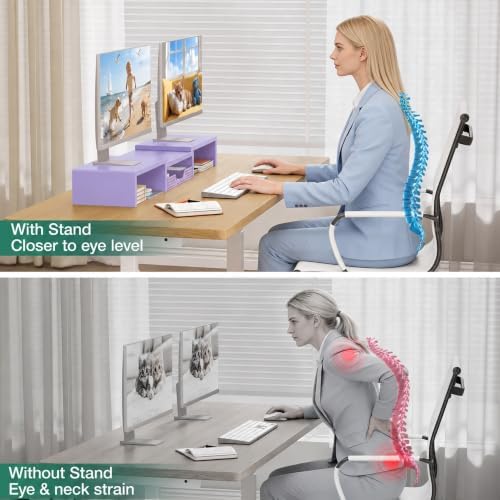 OPNICE Dual Computer Monitor Stand Riser, Desk Organizer with Drawer, Office Desk Accessories & Workspace Organizers for Home Office Supplies, Purple