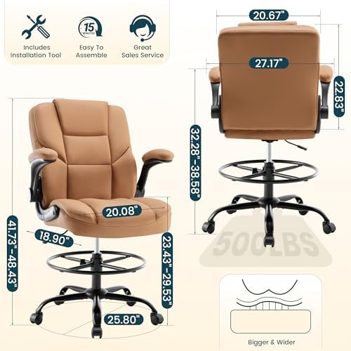 Drafting Chair 500Lbs, Tall Office Chair for Standing Desk, High PU Leather Executive Office Chair with Flip-up Armrests, Ergonomic High Chair with Adjustable Foot Ring, Comfy Stool Chairs, Brown