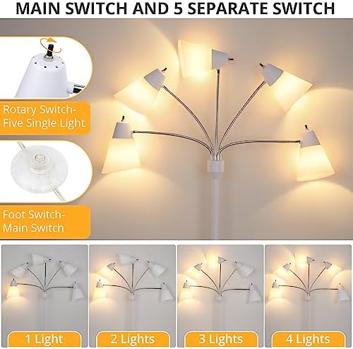 FOLKSMATE Floor Lamp, Medusa Multi Head Modern Tall Standing Light Fixture, Rustic Adjustable LED Reading Light for Living Room, Bedroom, Kids 5 White & Colored Lamp Shades, White