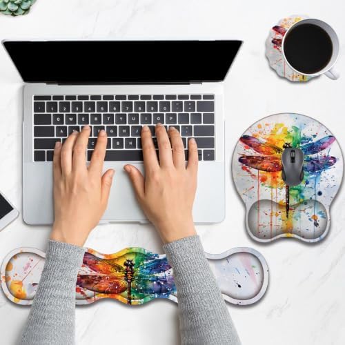 Ergonomic Keyboard Wrist Rest & Mouse Wrist Support Set with Lace Coaster, Gel Memory Foam Anti-Slip Base, Pain Relief for Typing, Watercolor Dragonfly