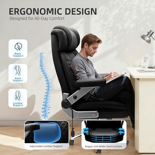 Big and Tall Office Chair, Desk Computer Chair for Heavy People, Oversized Executive Gaming Chair, Extra Wide 500LBS Ergonomic Comfy Office Chair with Adjustable Lumbar Support & 5D Flip Arms
