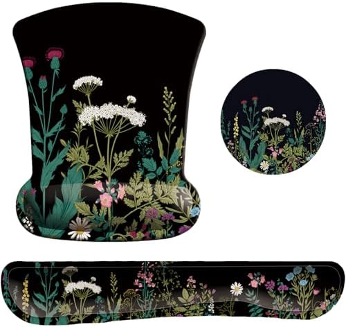 Keyboard Wrist Rest Pad Mouse Pad with Wrist Support Set of 3, Gaming Mousepad with Non-Slip Rubber Base, Ergonomic Memory Foam Mouse Cushion Support for Home Office Laptop Computer, Flowers Grass