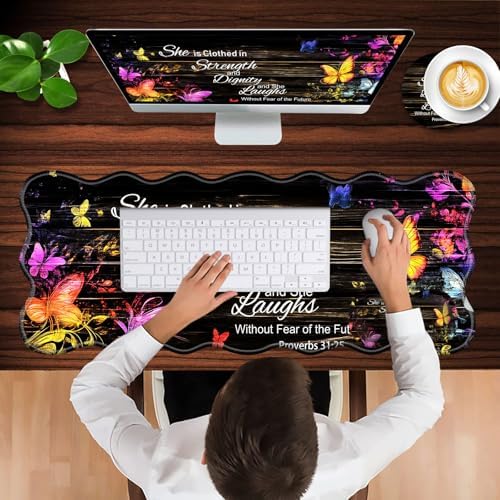 Mouse Pad with Wrist Support + Desk Mat + Coaster 3 in 1 Set, XL Large Gaming Mousepad Ergonomic Mouse Pads for Desk Computer Laptop Office,Floral Butterfly Bible Verse Proverbs 31-25
