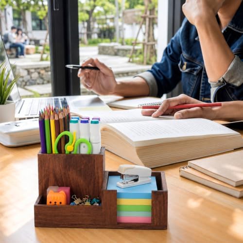 Maitys Wood Pen Holder Wooden Desk Organizer 3 Compartments Office Supply Organizer with Pencil Holder Paperclip Storage Sticky Note Rack Desk Organizers Ideal Gift for Class Home Office