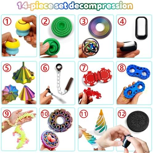 14-in-1 3D Printed Fidget Set for Adults - Sensory Anxiety Relief with Clicker, Articulated Dragon, Impossible Pyramid, Gyro Spinner, Poker Chips, Stress Relief Gifts for Men Women