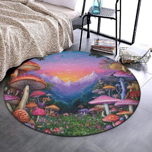 Machine Washable Modern Round Area Rug, Room Sofa Yoga Soft Round Carpet, Home Decor Non Slip Kitchen Office Circle Rug Trippy Mushrooms Art, 60inch