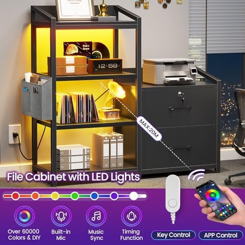 SEDETA 35.4” File Cabinet, Filing Cabinet fits Letter/A4 Size, 2 Drawe File Cabinets for Home Office with Power Strip, LED Lights, Lock, Open Shelf, Black
