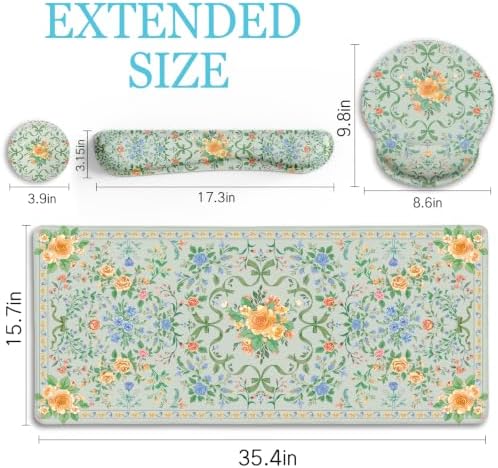 LIMKRIAN Floral Desk Mat Set, Cute Green Mouse Pad with Gel Wrist Rest