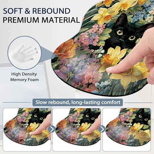 Cute Black Cat Ergonomic Keyboard and Mouse Wrist Rest Set, Flowers Mouse Pad with Non Slip Base, Soft Cloth Surface for Office and Home Typing Support