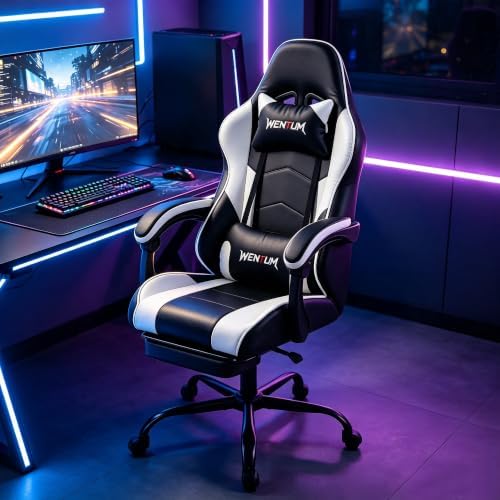 Gaming Chair with Footrest for Adults, PU Leather Massage Racing Video Game Chair with Lumbar Support for Men Women, Ergonomic Computer Gamer Chair for Home Office, Height Adjustable, White