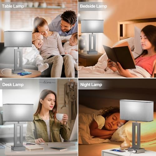 Seealle Bedroom Table Lamps Set of 2 - Grey Touch Bedside Lamps with USB C+A, 3 Way Dimmable Gold Lamp for Nightstand, Modern Night Stands Lamps for Living Room End Tables