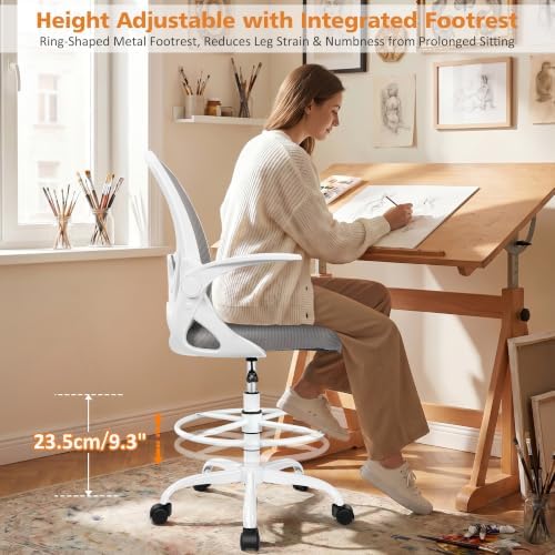 Drafting Chair Tall Office Chair with Flip-up Armrests, Adjustable Height, and Enhanced Lumbar Support - Ergonomic Rolling Stool, Back Support, and Adjustable Foot Rest Ring for Standing Desk Gray