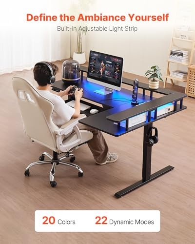 VEVOR L Shaped Desk, Electric Adjustable Height Corner Gaming Desk with Keyboard Tray and Dual Hooks, Heavy Duty L-Shaped Computer Table with Light Strip for Home Office, Easy to Assemble, Black