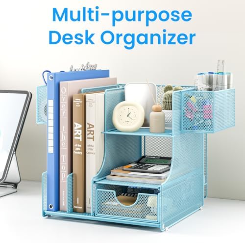 Lavatino Desk Organizer – 4-in-1 Blue Mesh Office Supplies Organizer with Pen Holder, File Holder, Desktop Tray, and Drawer for Home, Office, Classroom