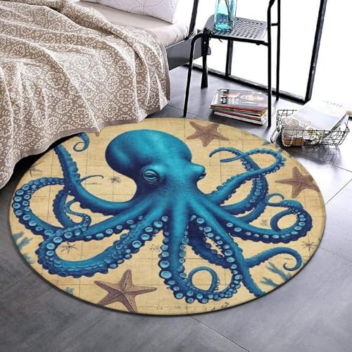 Fashion Round Area Rug Large Non Slip Carpet Unisex Home Decor Mat Retro Octopus