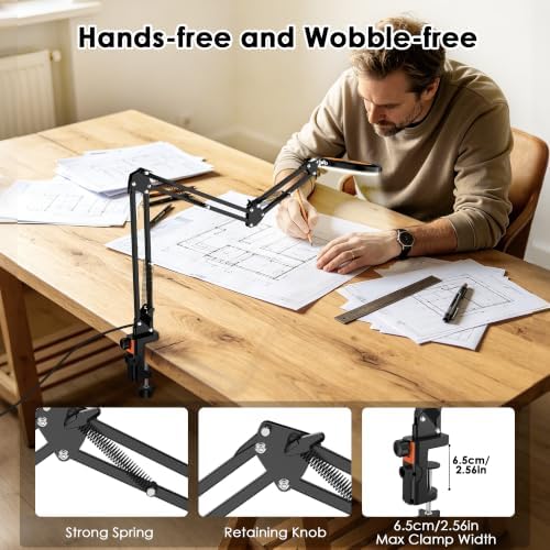 12X Magnifying Glass with Light and Stand Hands Free, Long Swing Arm Lighted Magnifier Lamp for Close Work, Dimmable Desk Magnifying Light with Clamp for Soldering Craft Jewelry Bench Sewing