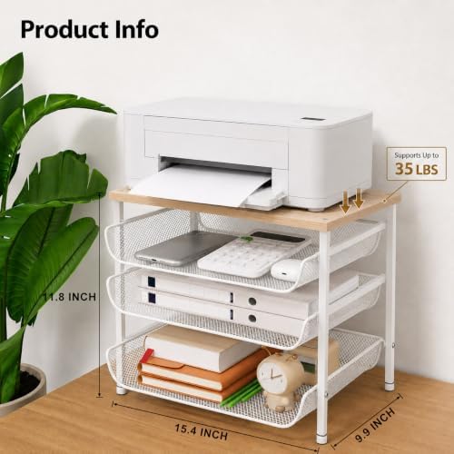 4-Tier Printer Stand with Storage for Desk, Wood Top, White