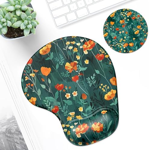 ITNRSIIET Ergonomic Mouse Pad Coaster Set with Gel Wrist Support Wrist Rest Smooth Surface Non-Slip PU Base Comfortable Office Supplies Pain Relief, 9.5 x 8.3 inches, Beautiful Flowers