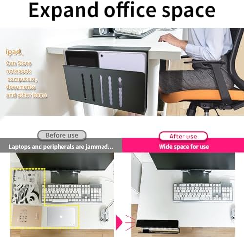Desk Side Storage, Under Desk Storage, No Drill Steel Hanging Desk Organizer, Laptop Holder, Table Hanging Storages Holder for Office & Home (Black)