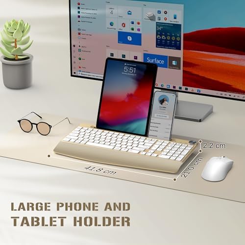 GAMCATZ Ergonomic Wireless Keyboard and Mouse with Wrist Rest，Phone Holder - 2.4GHz Full-Sized Low-Profile Quiet Gold Wireless Mouse and Keyboard Combo for Computer, Laptop, PC, Mac-Gold
