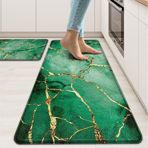 Tyrot Gold Green Kitchen Mats for Floor 2 Pcs 17.3"X28"+17.3"X47"