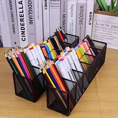 Black Mesh Pen Pencil Holder, Small Metal Desk Organizer Desktop Stationery Office Supplies Acessories Storage Stand, 6 Compartments Brushes Holder for Home School Classroom Teachers