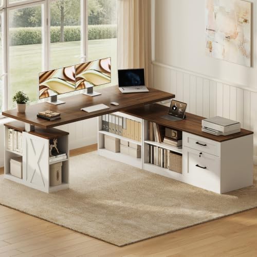 OffiGo 63 Inch Farmhouse L Shaped Electric Standing Desk, Walnut & White