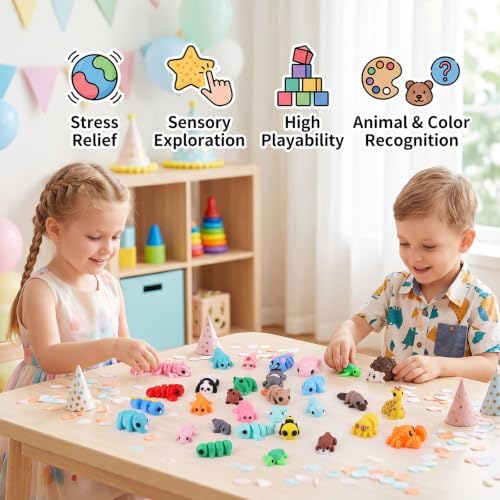 Prudiut 60 Pcs 3D Printed Animals Figurines Set Mini 3D Printed Flexible Articulated Desk Pets for Classroom Rewards Party Favors Student Prizes Collectible Animal Figures Goodie Bags, Diverse Styles