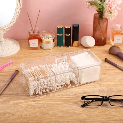Qtip Holder Transparent 3 Compartments Cotton Ball and Swab Holder Organizer with Lid,Jar for Cotton Rounds,Bathroom Containers,Clear Acrylic Desk Organizer for Makeup Pads,Cosmetics Bedroom