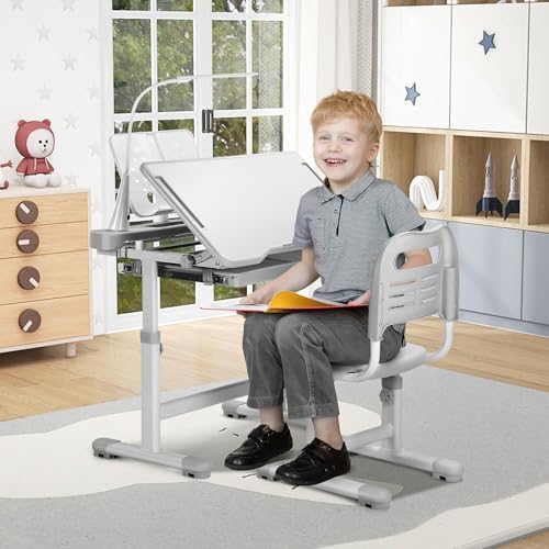 Rengue Kids Desk and Chair Set, Height Adjustable Children School Functional Study Desk with 55° Tiltable Desktop, 3 Modes & Brightness LED Light, Storage Drawer & Metal Hook for Boys Girls (Grey)