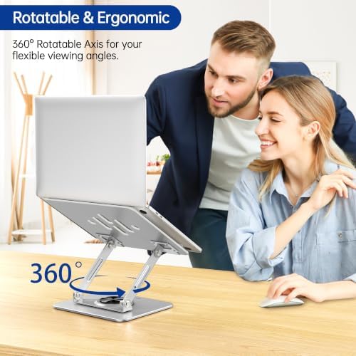 BESIGN Laptop Stand with 360° Rotating Base, Ergonomic Adjustable Notebook Riser, Foldable Computer Holder Compatible with 10-14" Laptops, LS11 Silver