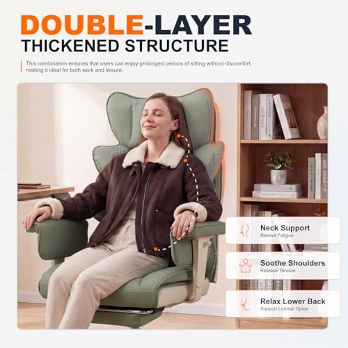 Dowinx Big and Tall Office Chair with Pocket Spring Cushion,High Back Computer Gaming Chairs with Adjustable Armrests,Executive Desk Chairs with Lumbar Support and Footrest,PU-Green
