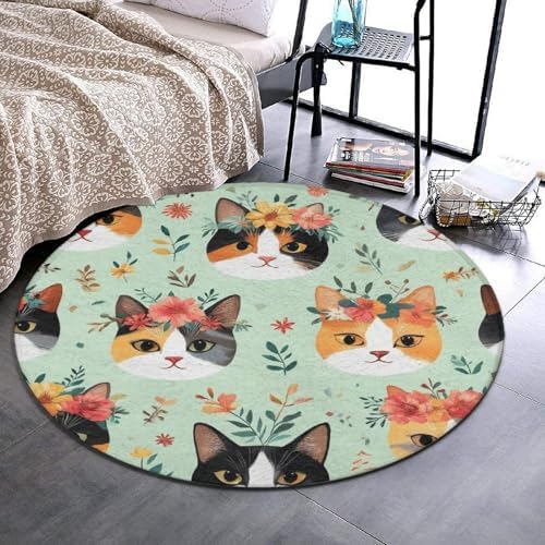 Large Home Decor Mat, Soft Round Yoga Carpet, Non Slip Machine Washable Kitchen Office Circle Rug Cute Cats