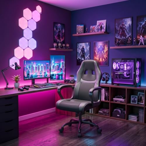 FDW Gaming Chair Leather+Breathable Mesh Computer Chair Executive Support Ergonomic Office Desk Chair with Armrests 360° Swivel & Caster Five Star Metal Base for Office or Gaming