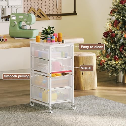 4-Drawer Rolling Storage Cart, Utility Cart with Drawers, White Metal Craft Cart Organizer with Wheels & Wooden Top, Art Supply Storage Organizer for Classroom, Office, Kitchen,Patent Pending
