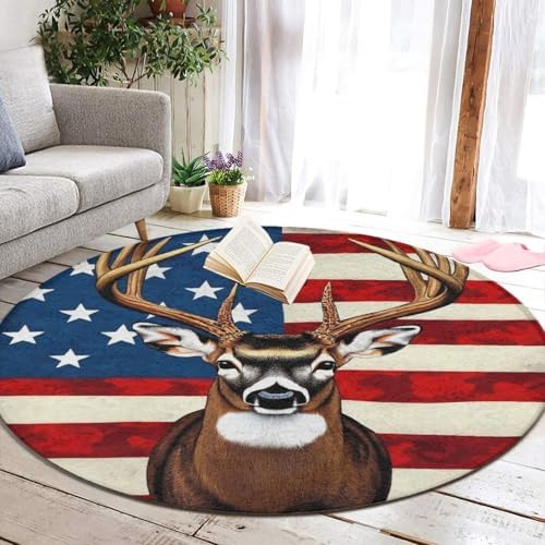 Fashion Round Area Rug Large Non Slip Carpet, American Flag Hunting Deer Unisex Home Decor Mat